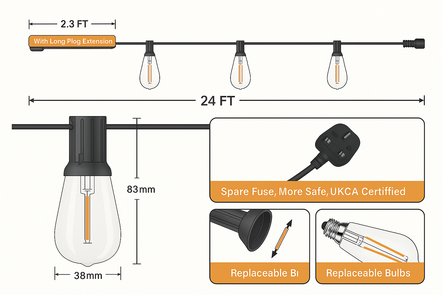 Lumora – Outdoor party lighting 25 LED lamps – 24FT IP65 heavy duty