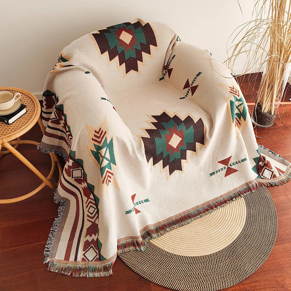 Zaroya – Oversized Boho Aztec Deken met Franjes – Katoenmix voor Sofa & Bed