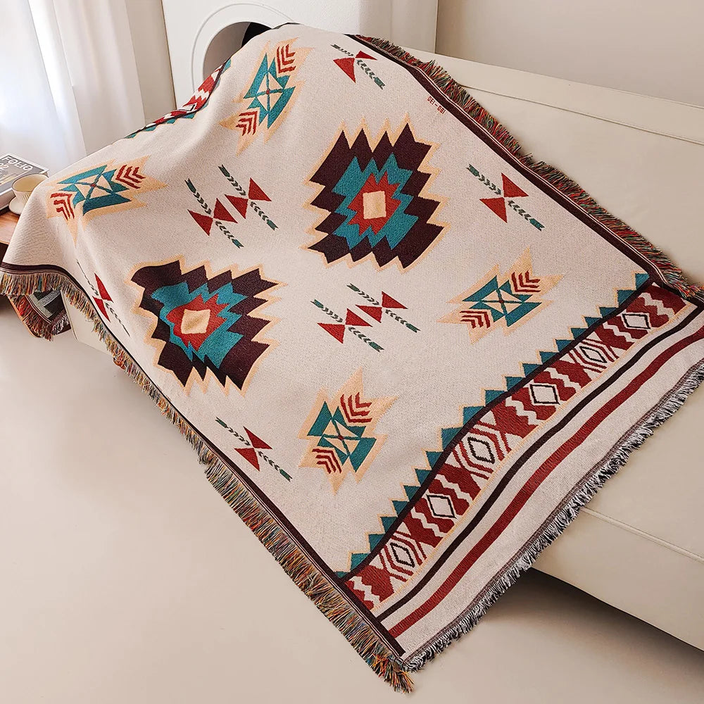 Zaroya – Oversized Boho Aztec Deken met Franjes – Katoenmix voor Sofa & Bed
