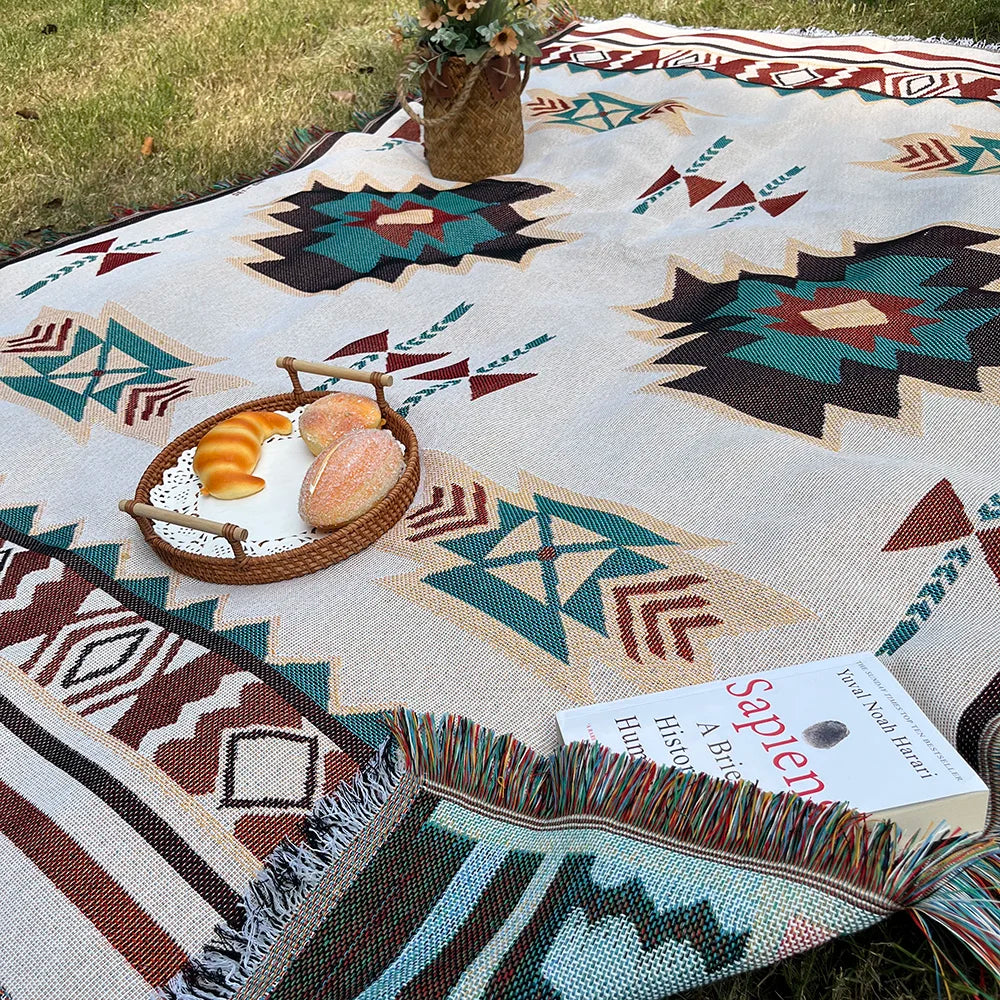 Zaroya – Oversized Boho Aztec Deken met Franjes – Katoenmix voor Sofa & Bed