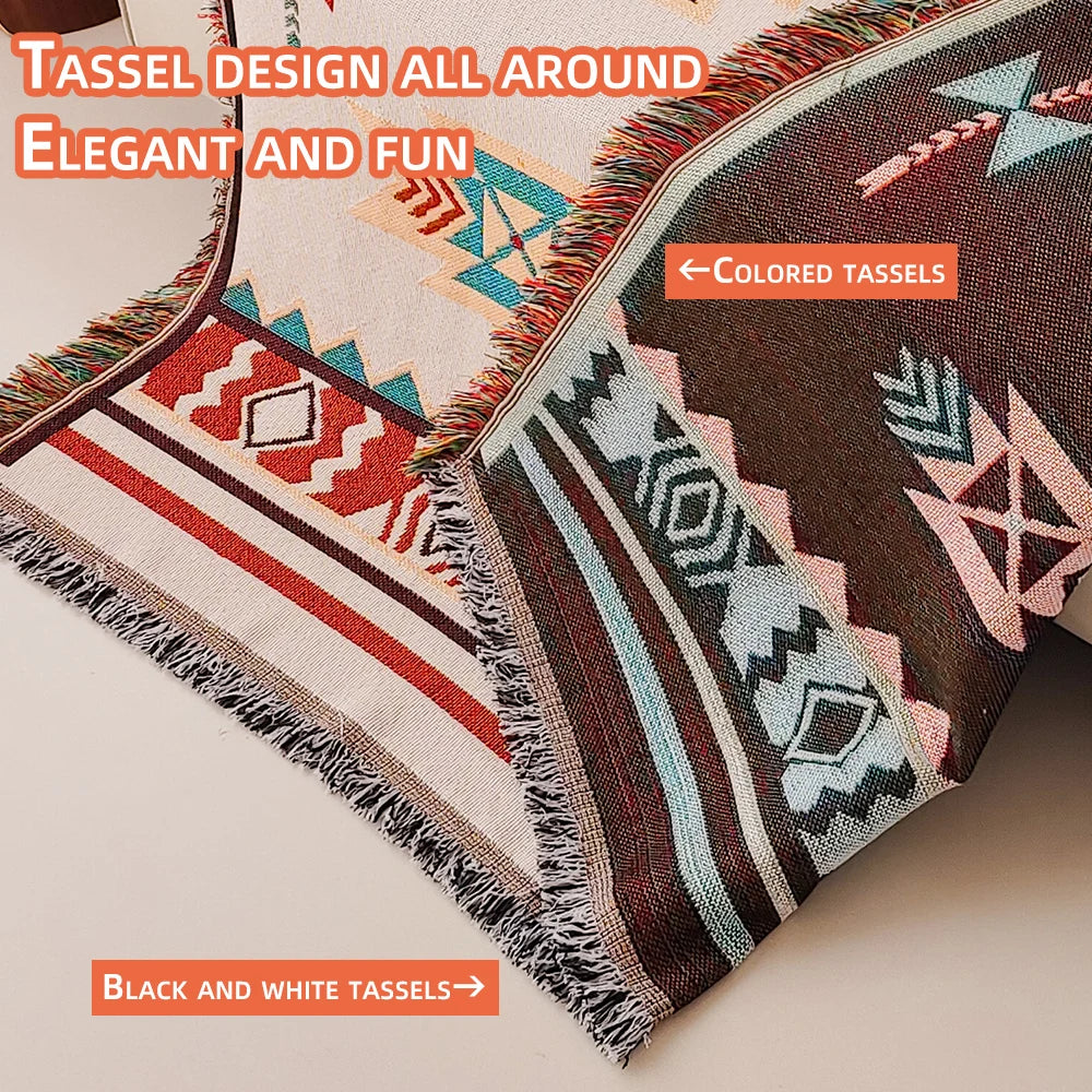 Zaroya – Oversized Boho Aztec Deken met Franjes – Katoenmix voor Sofa & Bed