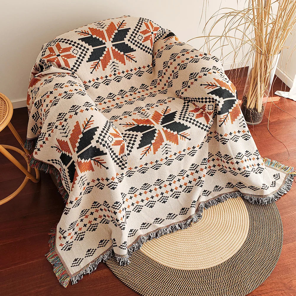 Zaroya – Oversized Boho Aztec Deken met Franjes – Katoenmix voor Sofa & Bed