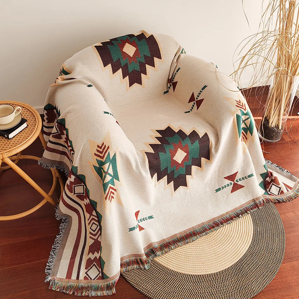Zaroya – Oversized Boho Aztec Deken met Franjes – Katoenmix voor Sofa & Bed