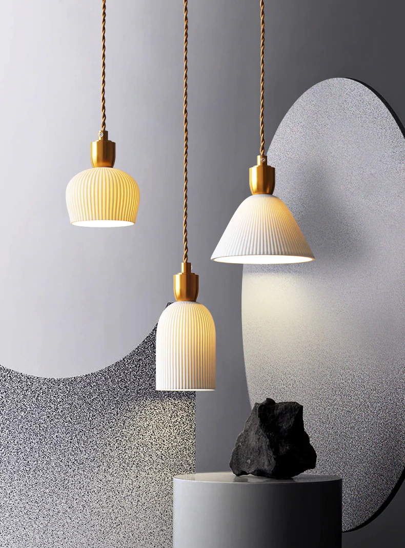 Plissaro – Ceramic Pendant Lamp with Brass, 3 shapes, pleated design