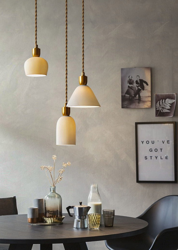 Plissaro – Ceramic Pendant Lamp with Brass, 3 shapes, pleated design