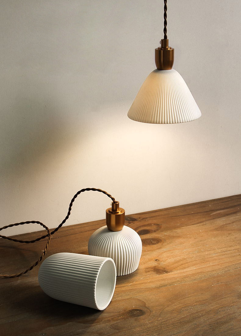 Plissaro – Ceramic Pendant Lamp with Brass, 3 shapes, pleated design