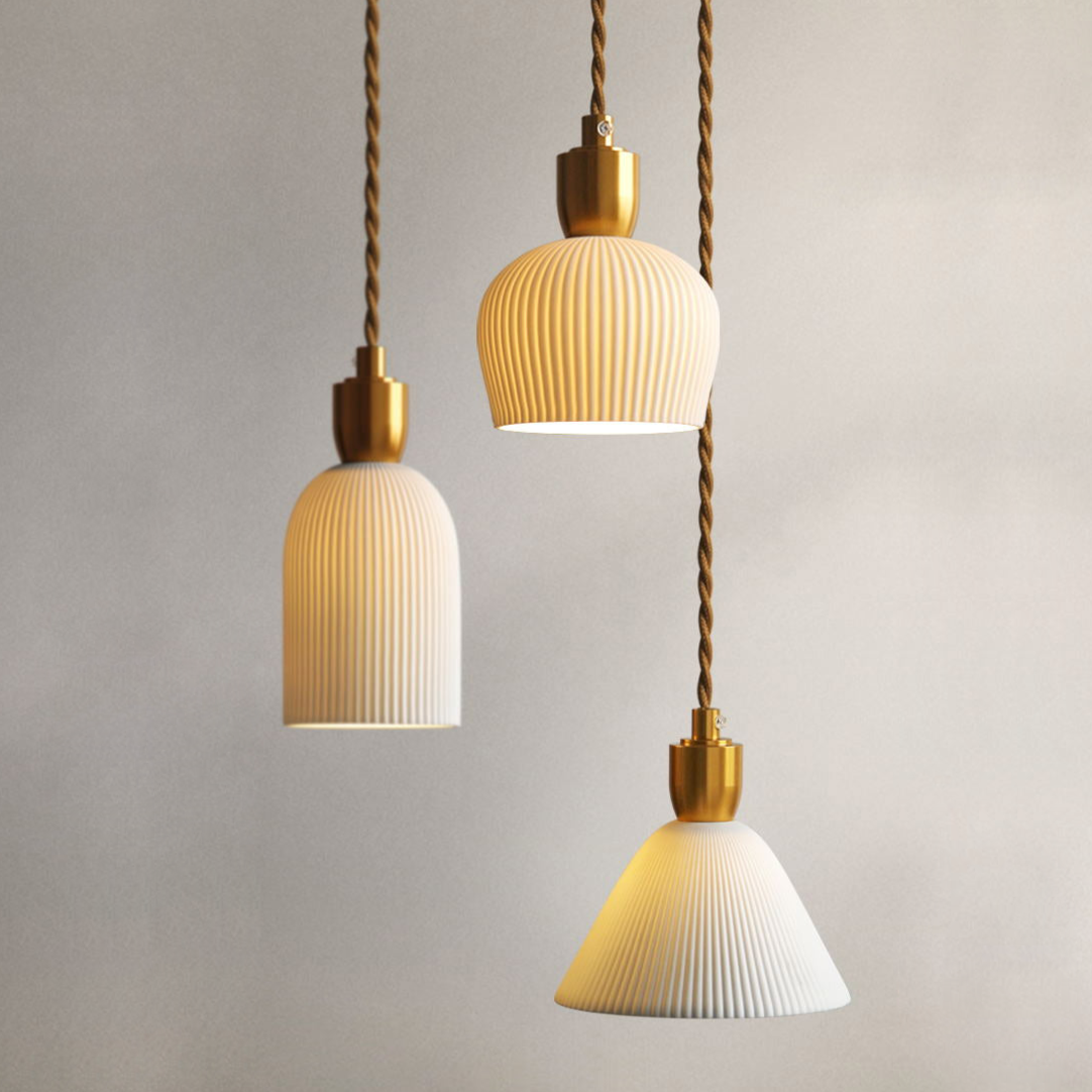 Plissaro – Ceramic Pendant Lamp with Brass, 3 shapes, pleated design