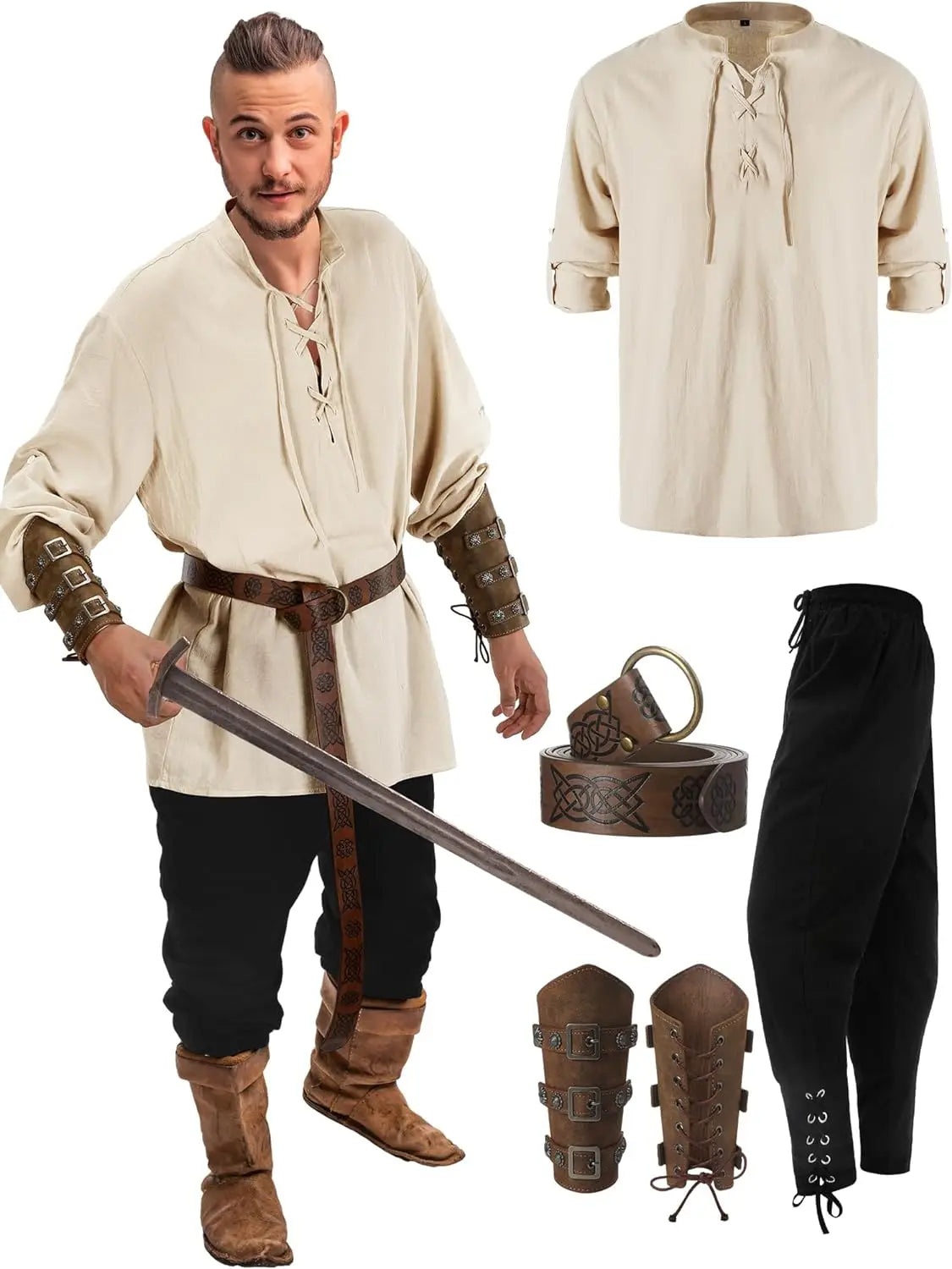 HeritageWear – Renaissance Kostuumset Mannen – 4-delig met Piratenhemd & Broek
