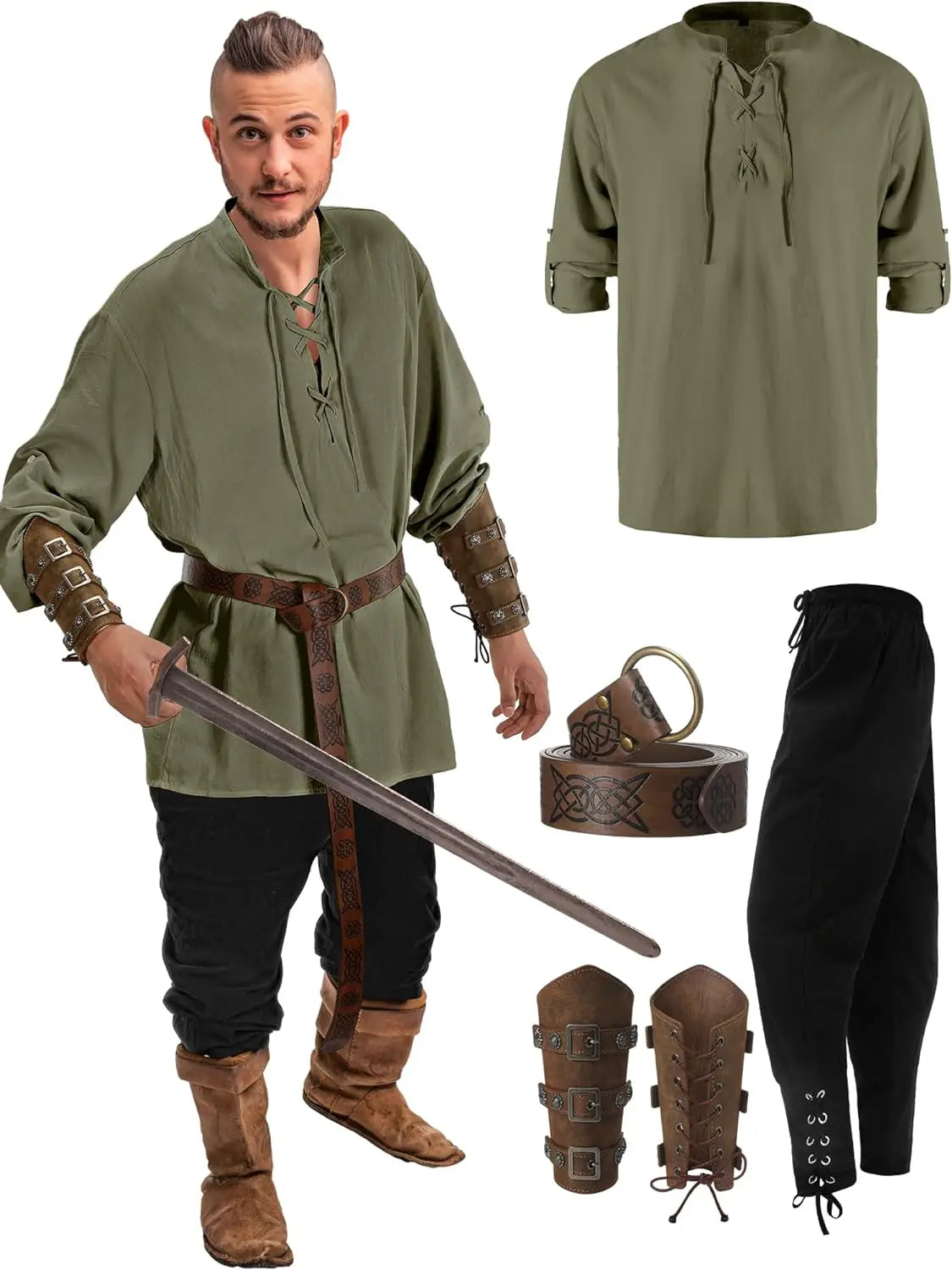 HeritageWear – Renaissance Kostuumset Mannen – 4-delig met Piratenhemd & Broek
