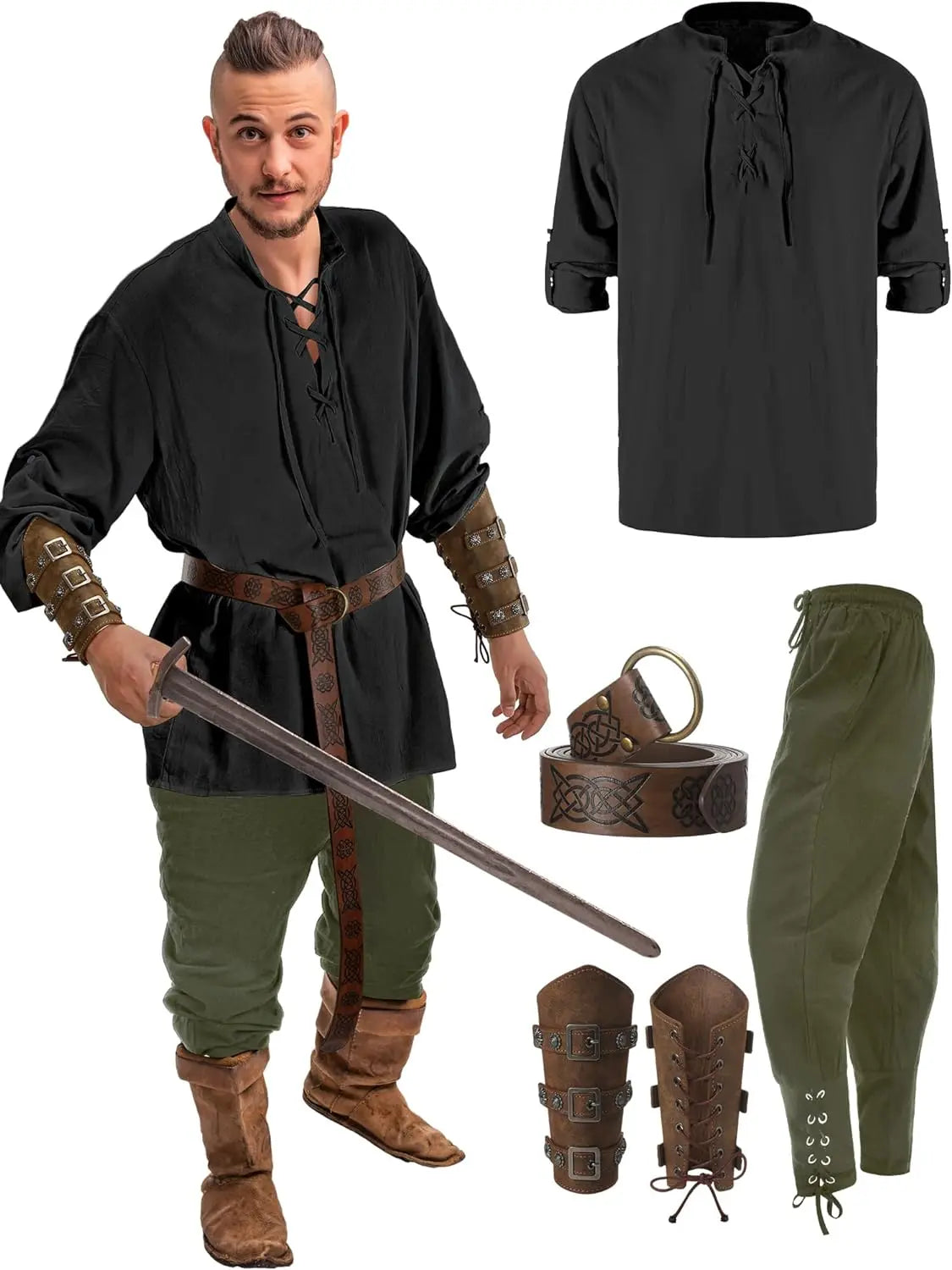 HeritageWear – Renaissance Kostuumset Mannen – 4-delig met Piratenhemd & Broek