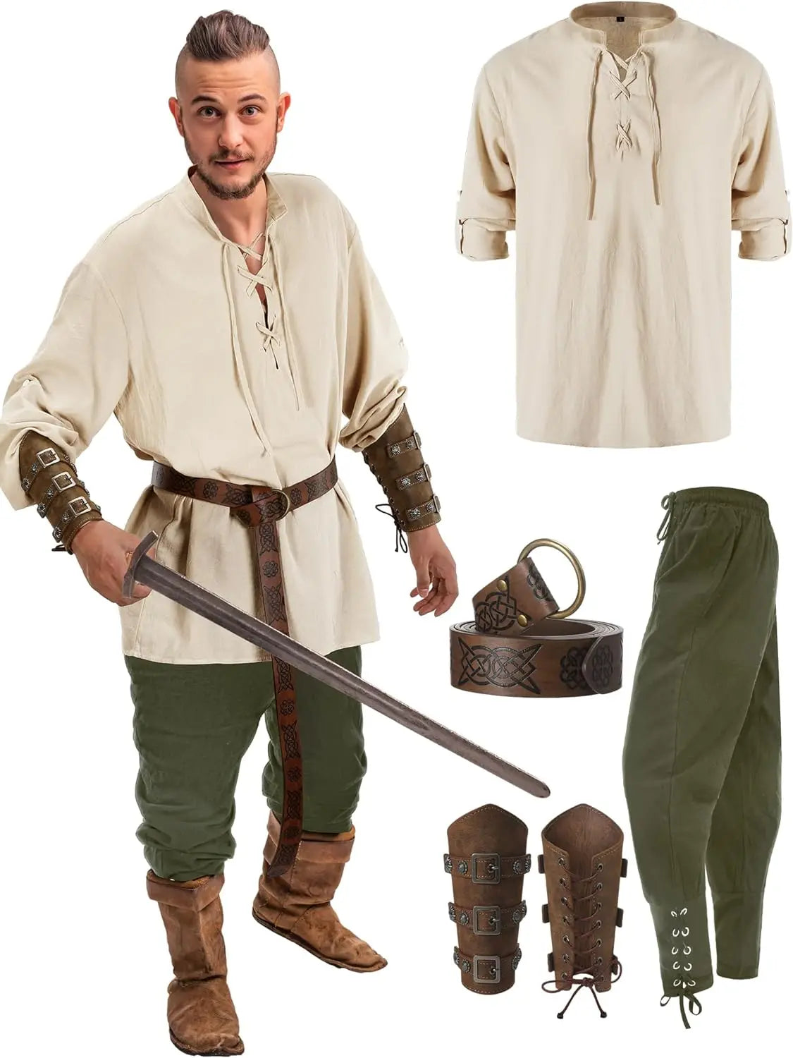 HeritageWear – Renaissance Kostuumset Mannen – 4-delig met Piratenhemd & Broek