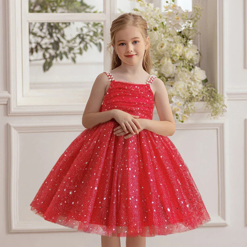 Rode Meisjes Jurk voor Bruiloft, Prinsessenjurk met Pailletten voor 3-8 Jaar 0