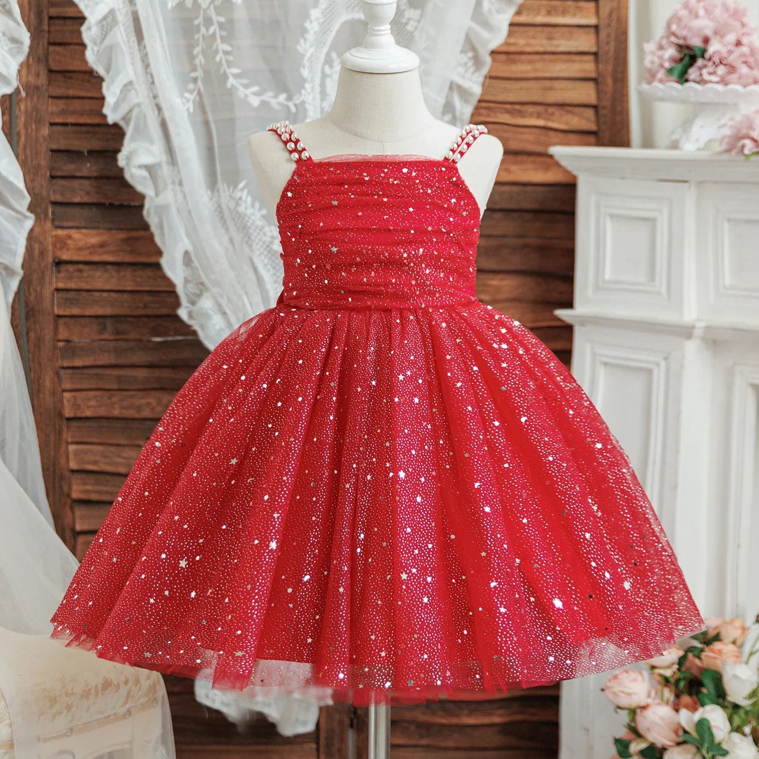 Rode Meisjes Jurk voor Bruiloft, Prinsessenjurk met Pailletten voor 3-8 Jaar 1