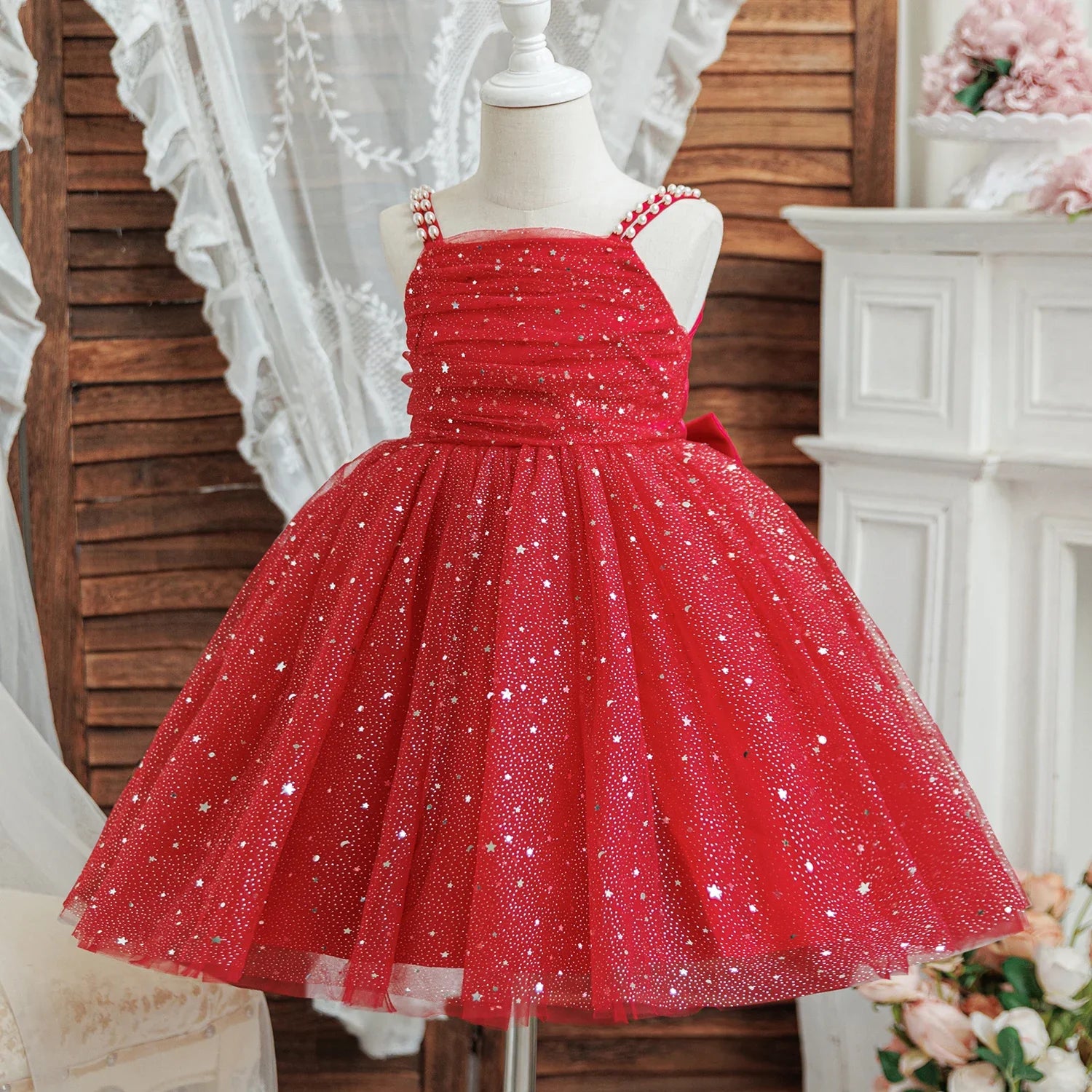 Rode Meisjes Jurk voor Bruiloft, Prinsessenjurk met Pailletten voor 3-8 Jaar 3