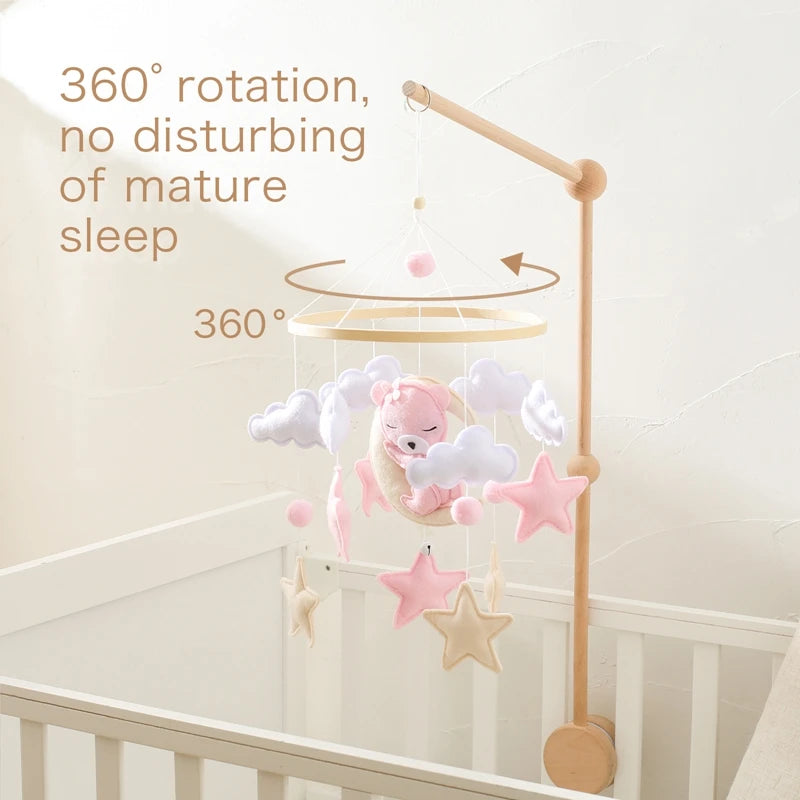 Wooden Crib Mobile with Felt & Bear – Soft Baby Bed Hanger