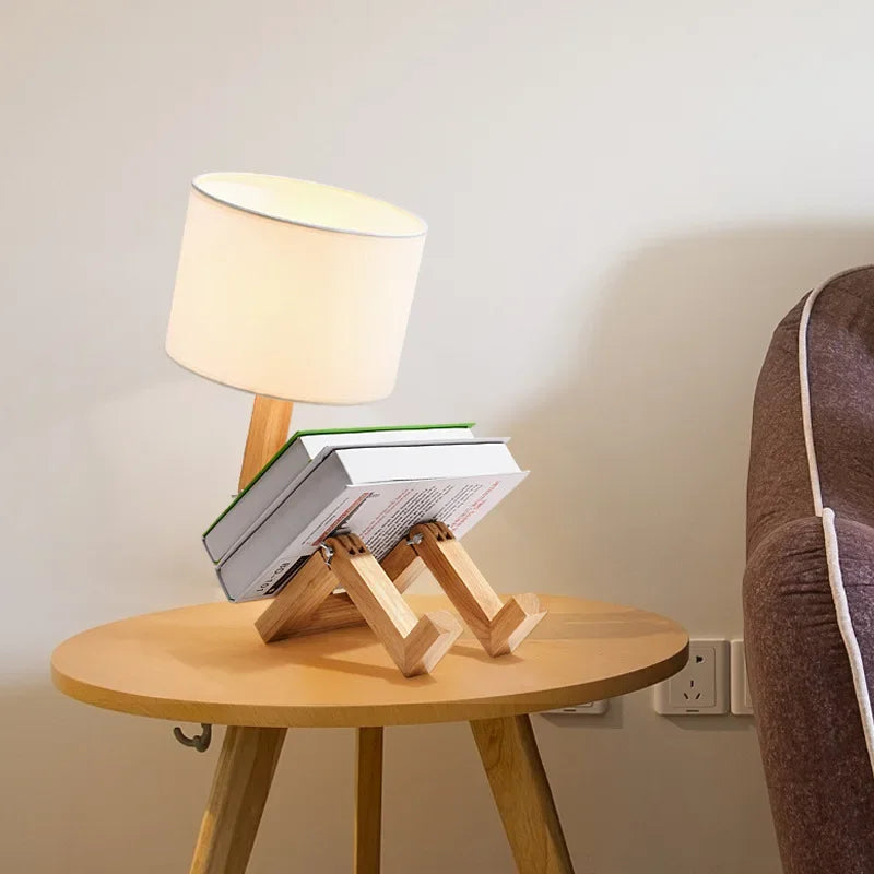 RutanFlex Adjustable Wooden Robot Table Lamp with Bookshelf