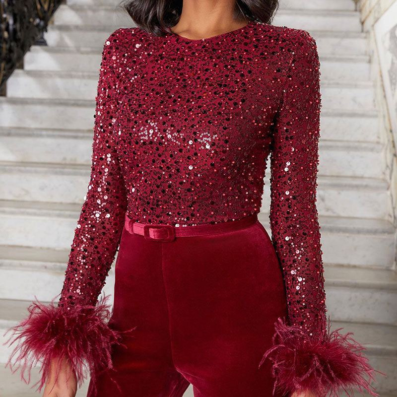 Tena Jumpsuit | Glitter en veer Jumpsuit voor Opvallende Speciale Gelegenheden