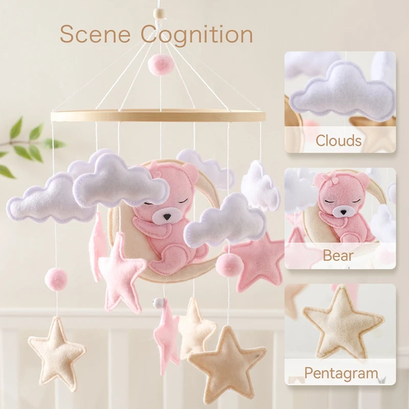 Wooden Crib Mobile with Felt & Bear – Soft Baby Bed Hanger