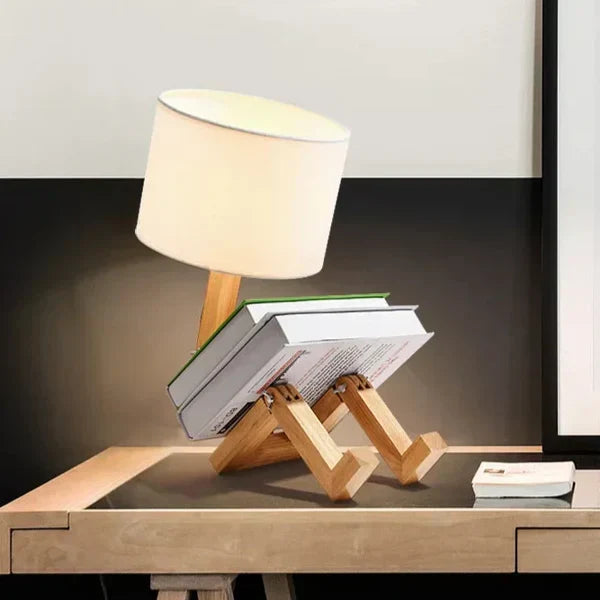 RutanFlex Adjustable Wooden Robot Table Lamp with Bookshelf