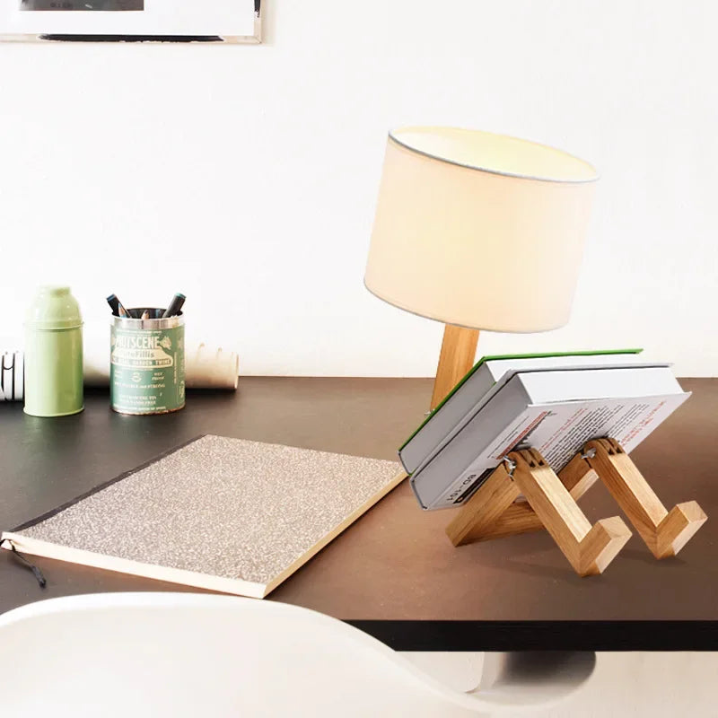 RutanFlex Adjustable Wooden Robot Table Lamp with Bookshelf