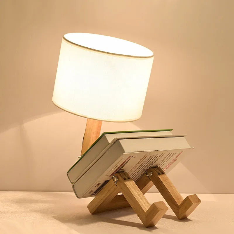 RutanFlex Adjustable Wooden Robot Table Lamp with Bookshelf