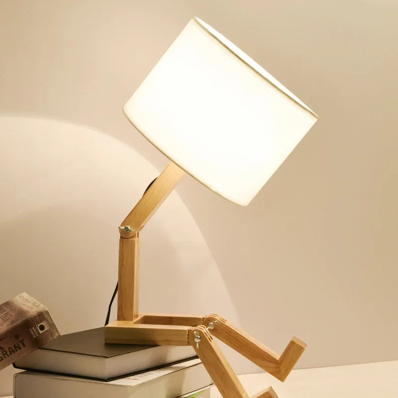 RutanFlex Adjustable Wooden Robot Table Lamp with Bookshelf