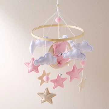 Wooden Crib Mobile with Felt & Bear – Soft Baby Bed Hanger