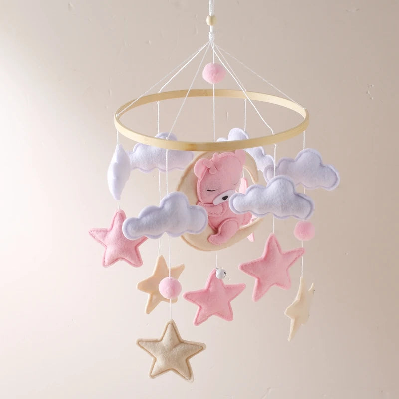 Wooden Crib Mobile with Felt & Bear – Soft Baby Bed Hanger