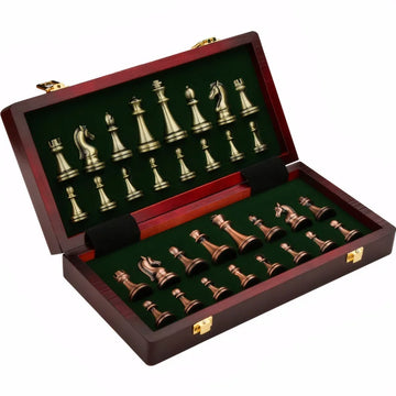 Regalor Luxe Schaakspel – 30 cm Opvouwbare Houten Set met Antiek Bronzen Schaakstukken