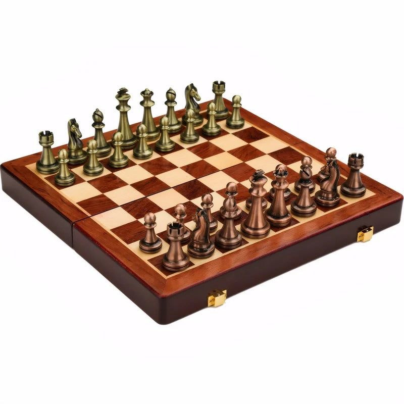 Regalor Luxe Schaakspel – 30 cm Opvouwbare Houten Set met Antiek Bronzen Schaakstukken