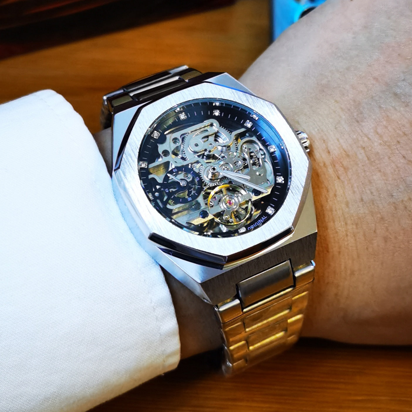 Melzano Skeleton Automatik Horloge - Roestvrijstalen Band met Opengewerkt Mechanisch Uurwerk