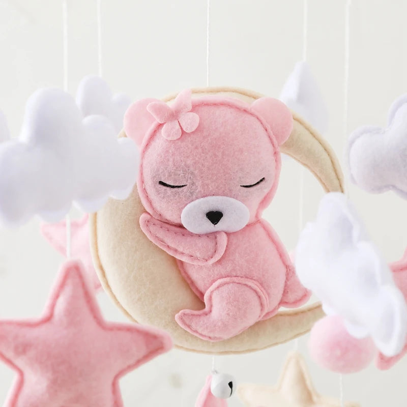 Wooden Crib Mobile with Felt & Bear – Soft Baby Bed Hanger