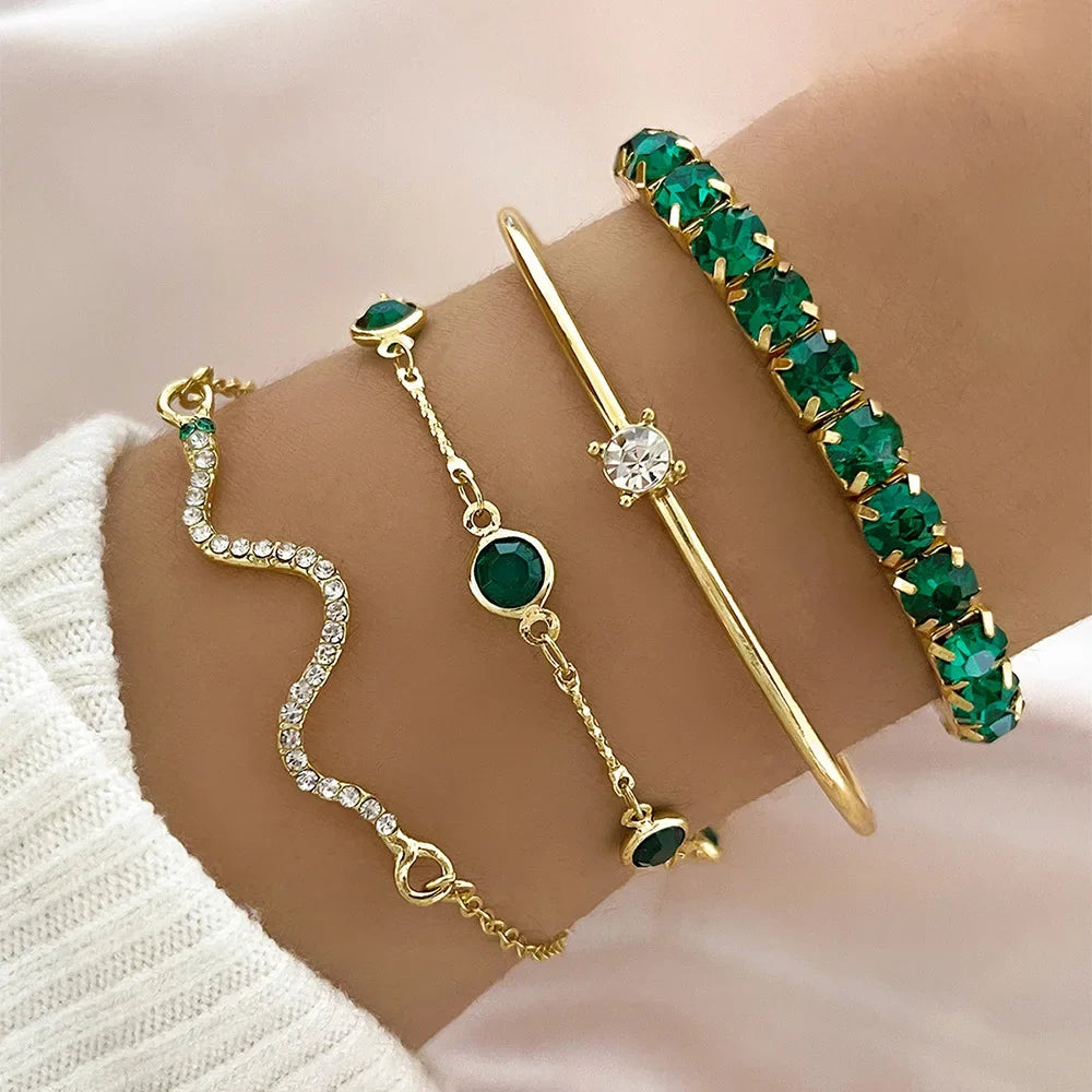 Juego de 4 pulseras de cuerda con piedras preciosas verdes y piedras de imitación
