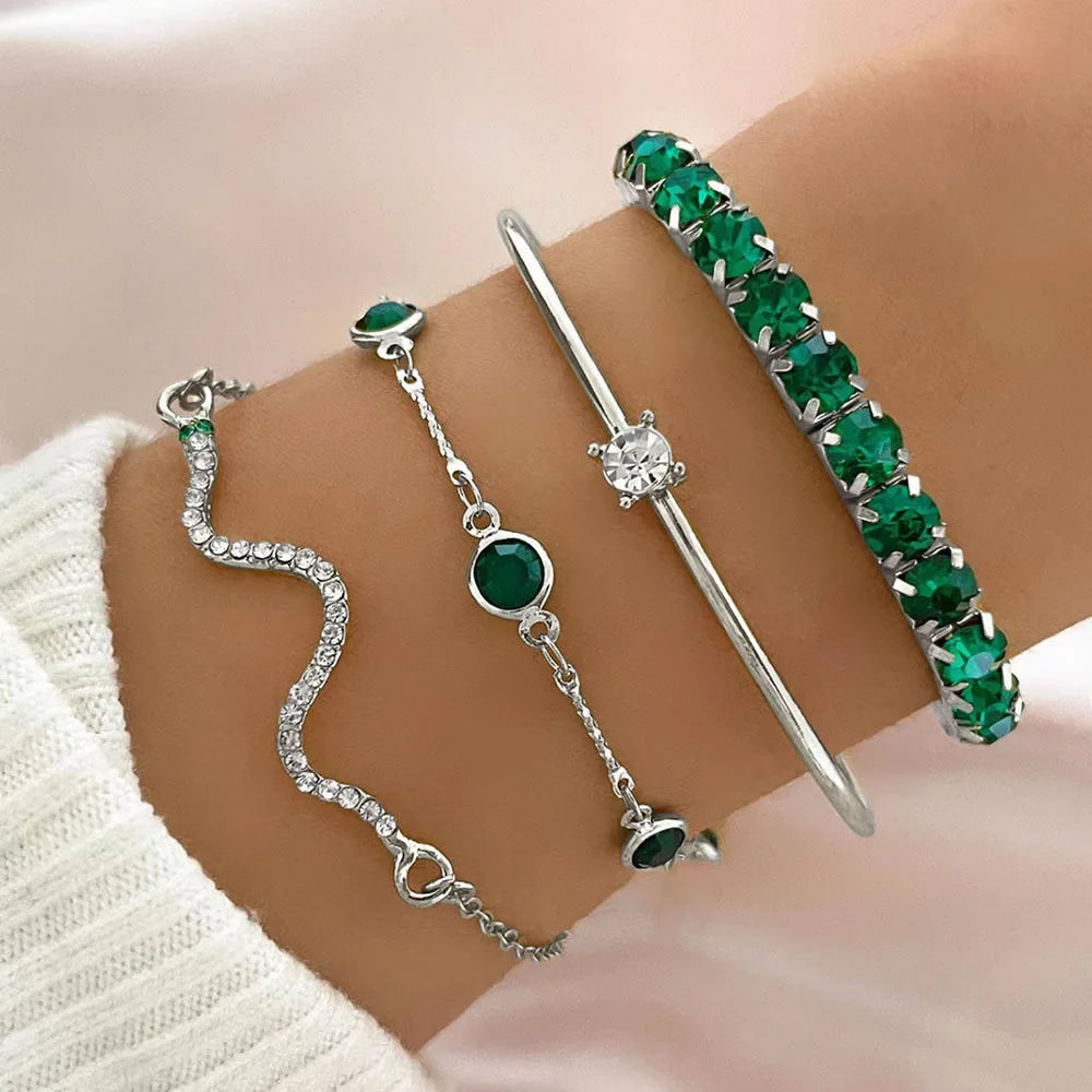 Juego de 4 pulseras de cuerda con piedras preciosas verdes y piedras de imitación