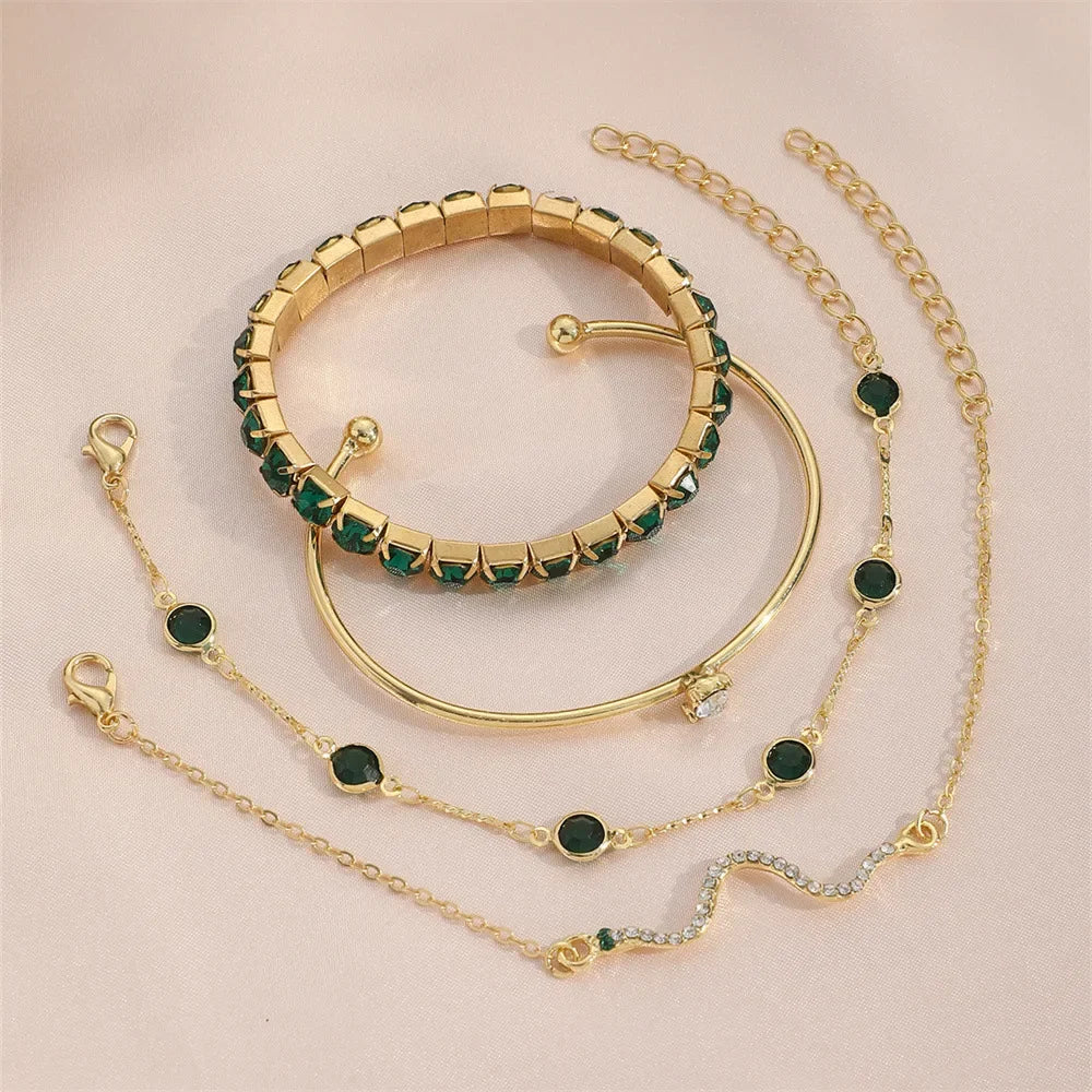 Juego de 4 pulseras de cuerda con piedras preciosas verdes y piedras de imitación