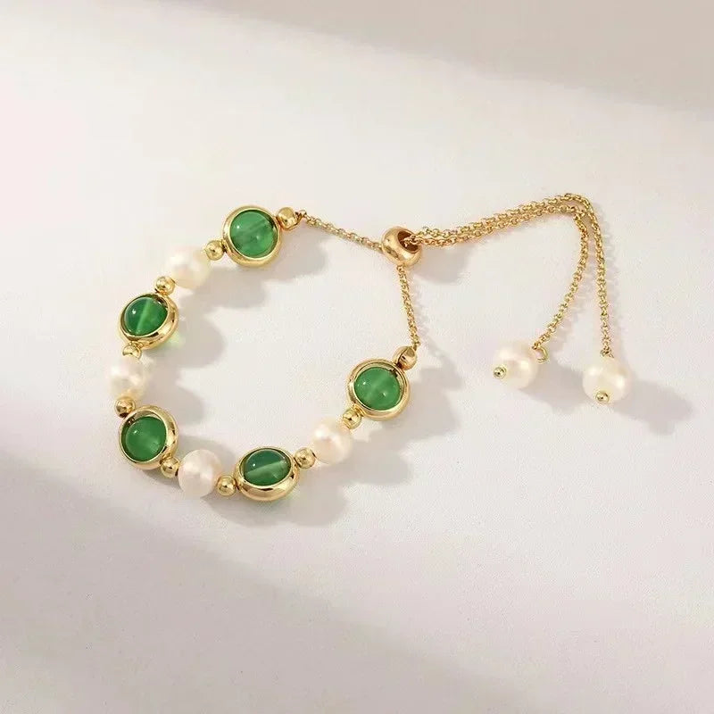 Juego de 4 pulseras de cuerda con piedras preciosas verdes y piedras de imitación