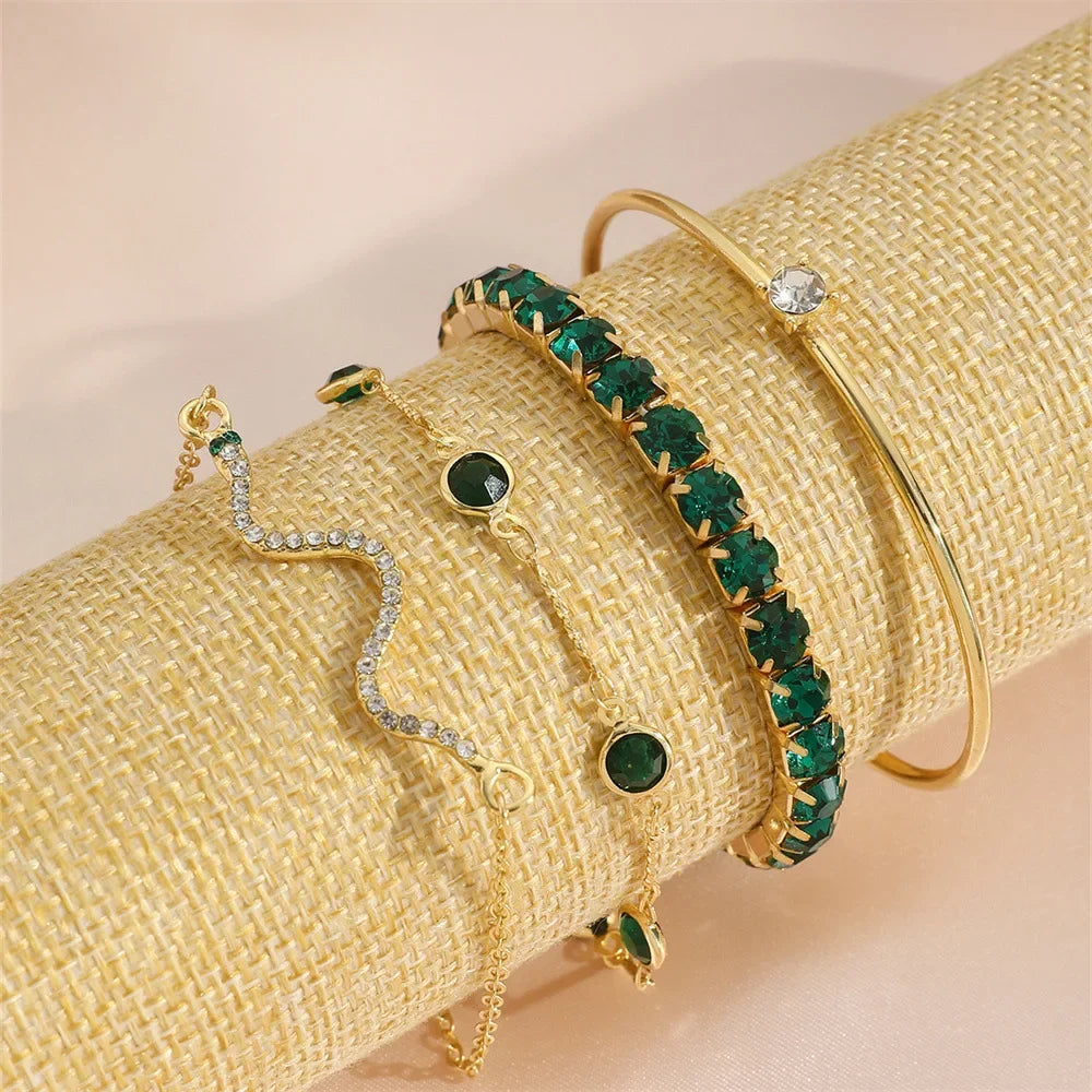 Juego de 4 pulseras de cuerda con piedras preciosas verdes y piedras de imitación