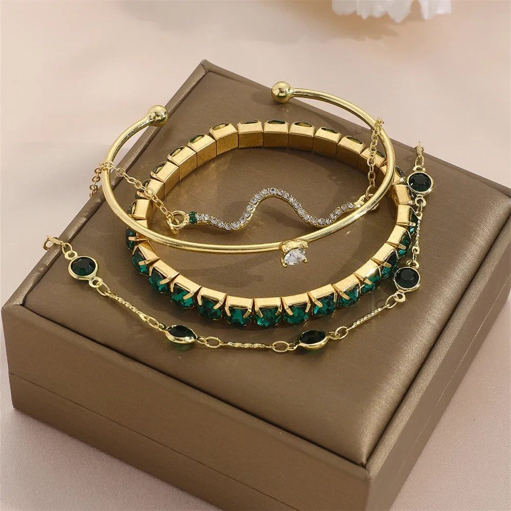 Juego de 4 pulseras de cuerda con piedras preciosas verdes y piedras de imitación