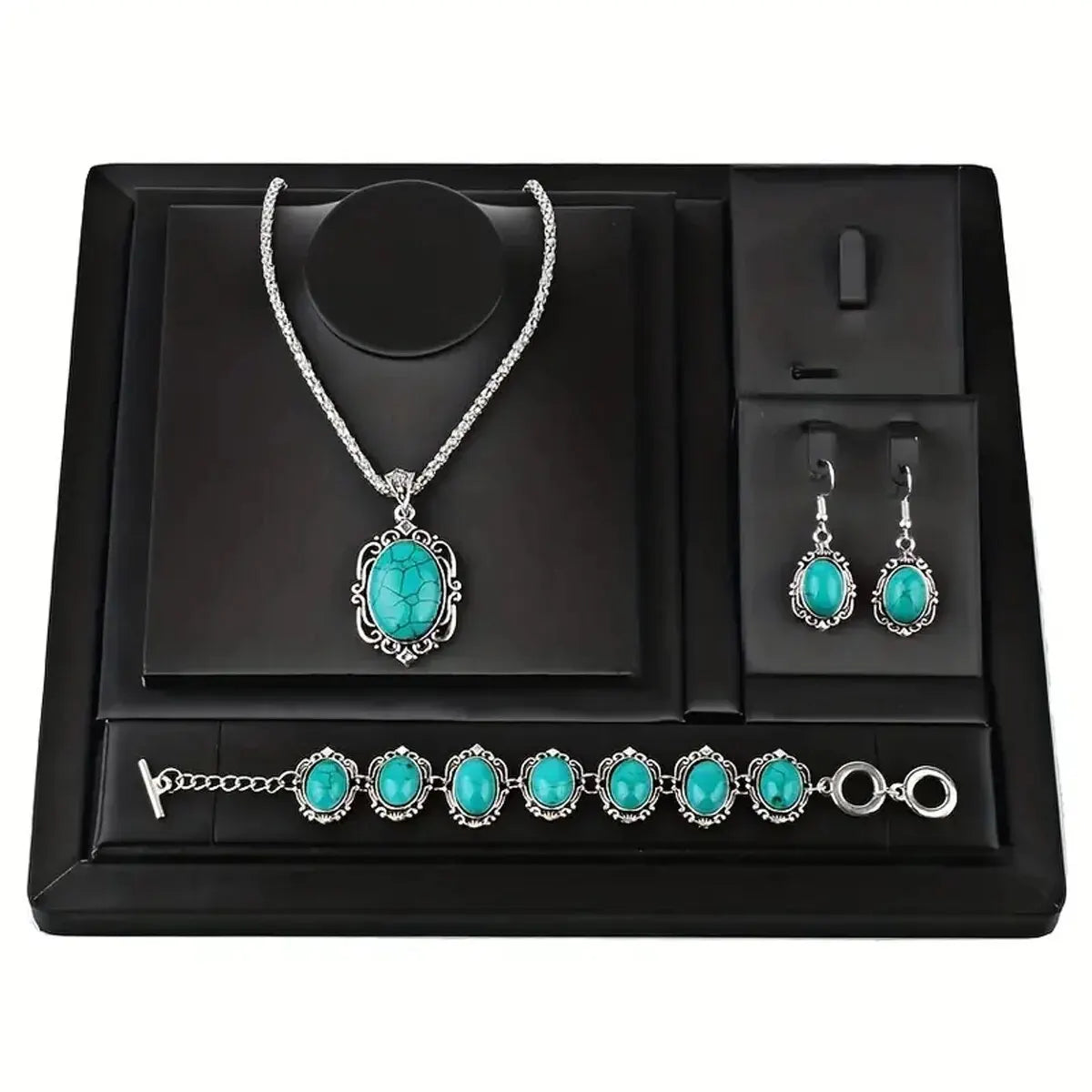 Turvielle Vintage Sieradenset – Dames Set met Armband, Ketting & Oorbellen in Turquoise Stijl
