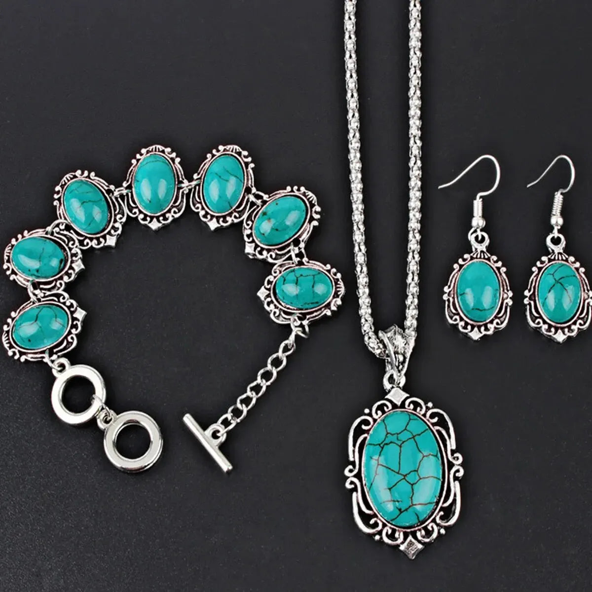 Turvielle Vintage Sieradenset – Dames Set met Armband, Ketting & Oorbellen in Turquoise Stijl