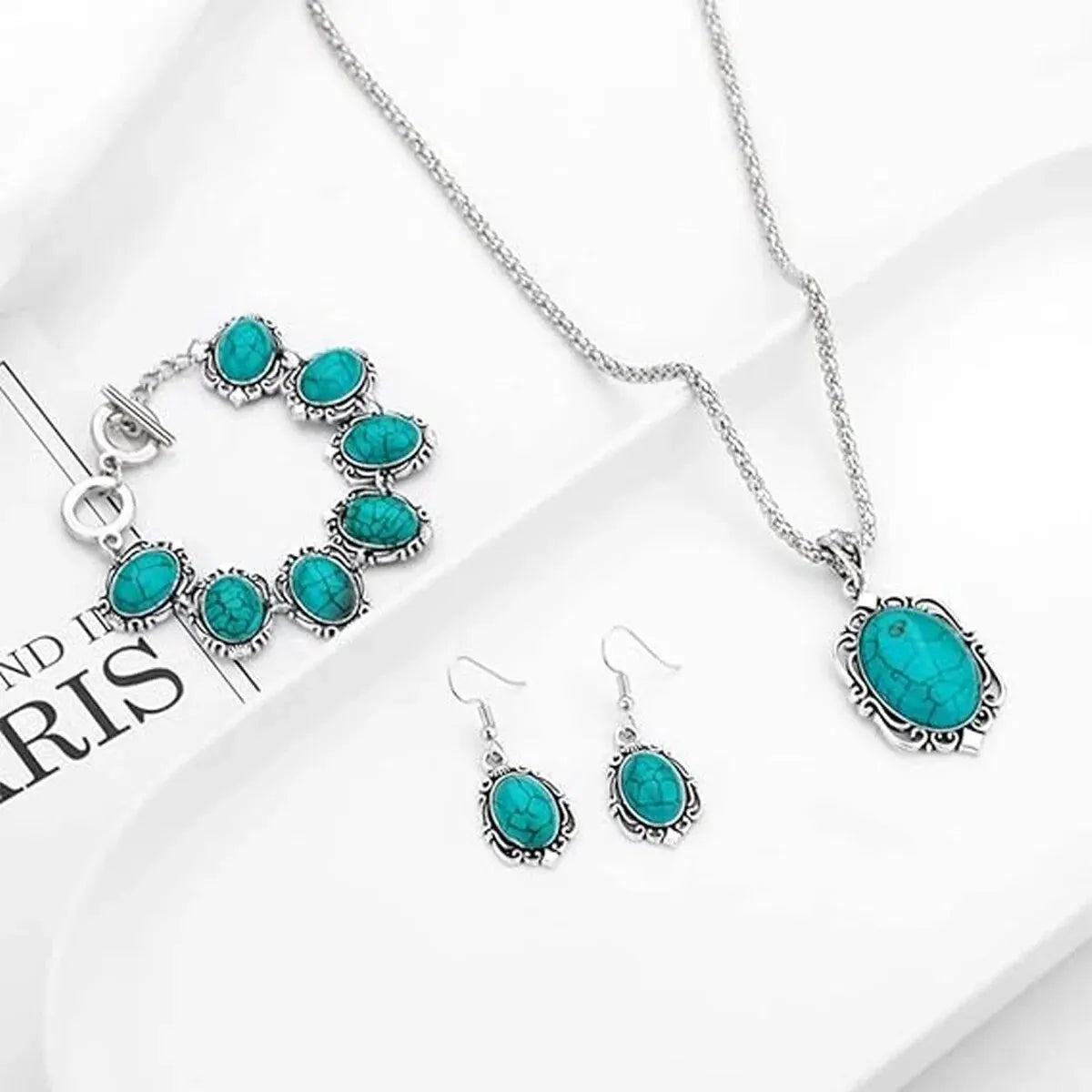 Turvielle Vintage Sieradenset – Dames Set met Armband, Ketting & Oorbellen in Turquoise Stijl