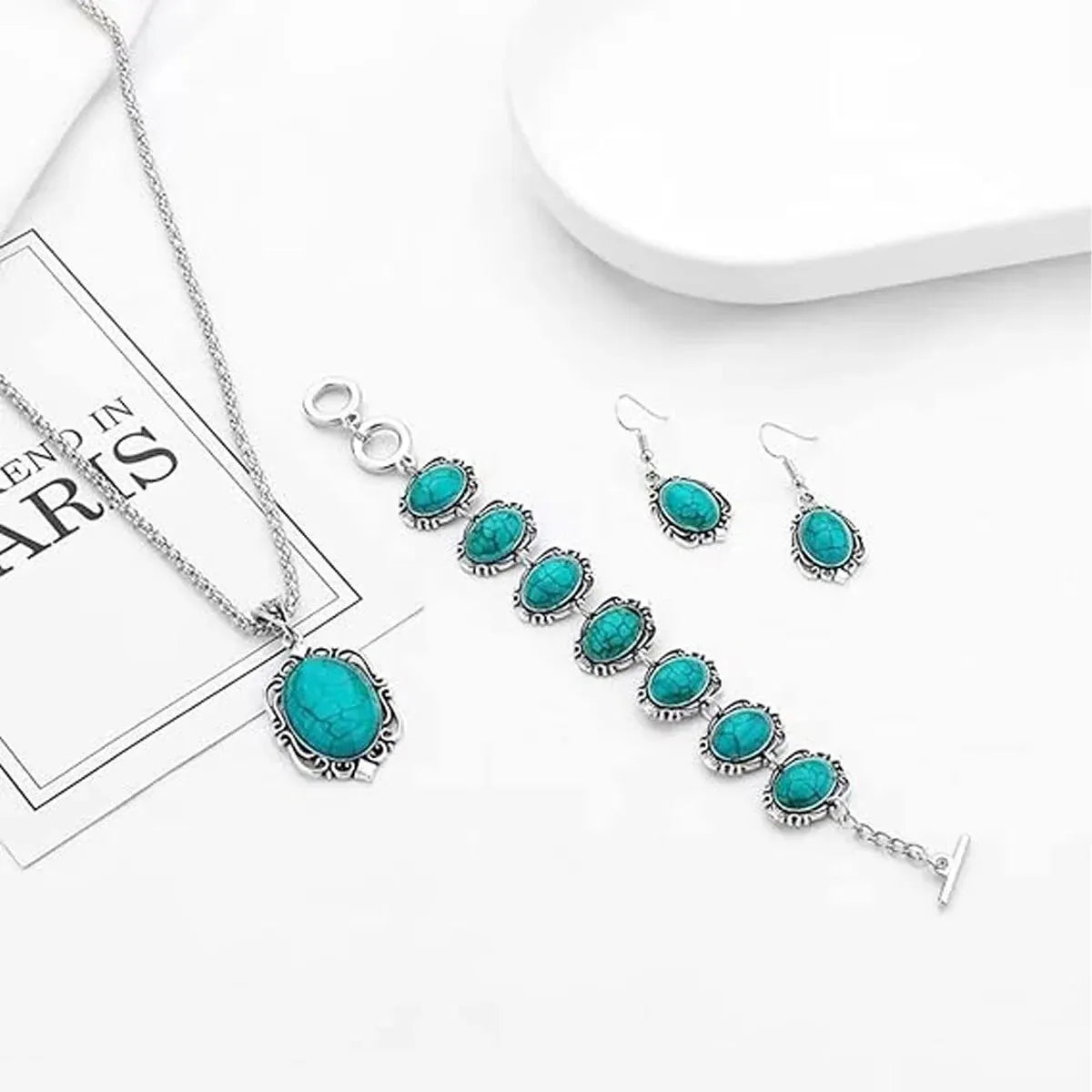 Turvielle Vintage Sieradenset – Dames Set met Armband, Ketting & Oorbellen in Turquoise Stijl
