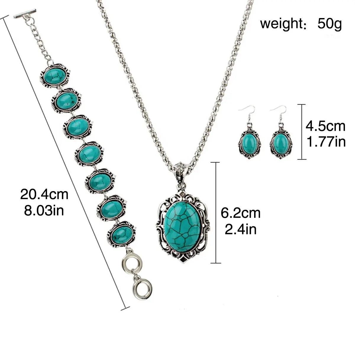 Turvielle Vintage Sieradenset – Dames Set met Armband, Ketting & Oorbellen in Turquoise Stijl