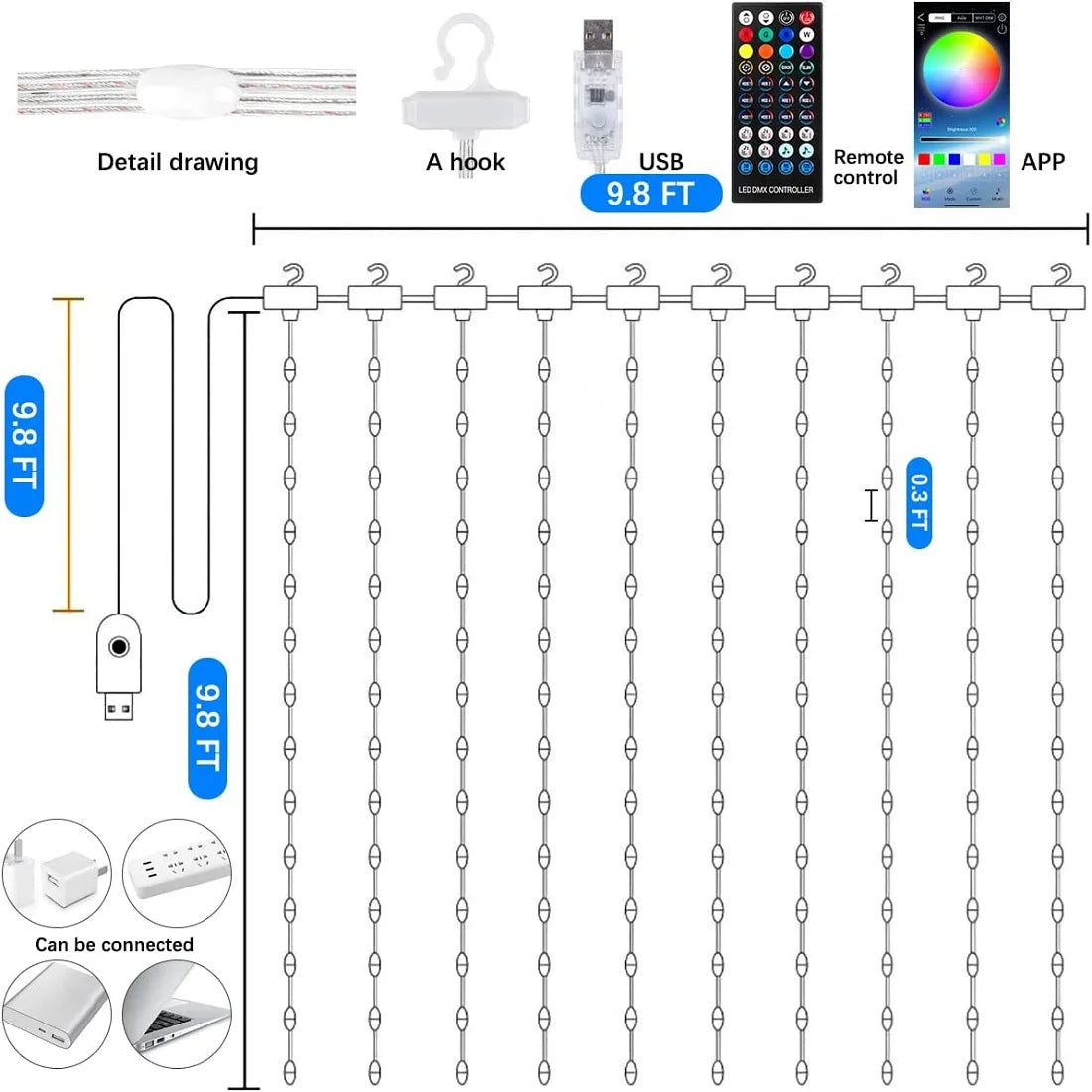 Lunovix Slimme LED Gordijnverlichting – 3x3m, 300 LEDs met Bluetooth-App, Muziekmodus & 16M Kleuren