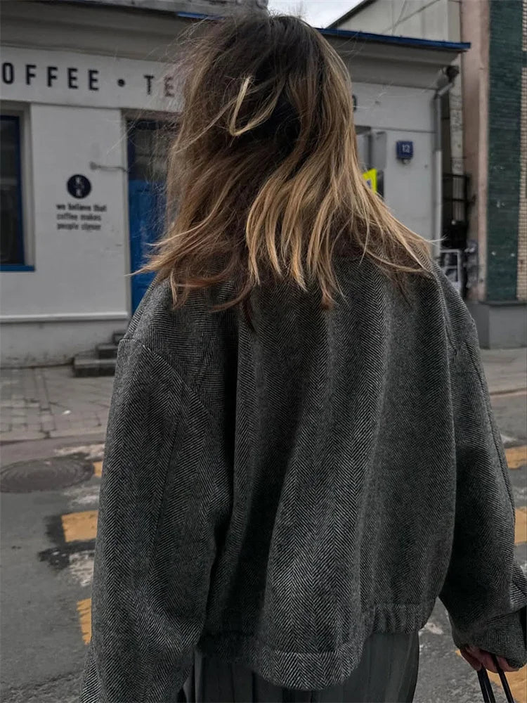 Stylowa Szara Kurtka Damska z Zamkiem Błyskawicznym, Luźny Fason, Na Jesień 5