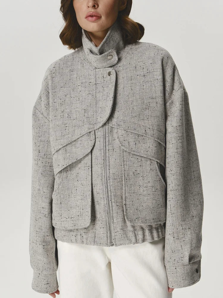 Stylowa Szara Kurtka Damska z Zamkiem Błyskawicznym, Luźny Fason, Na Jesień 7