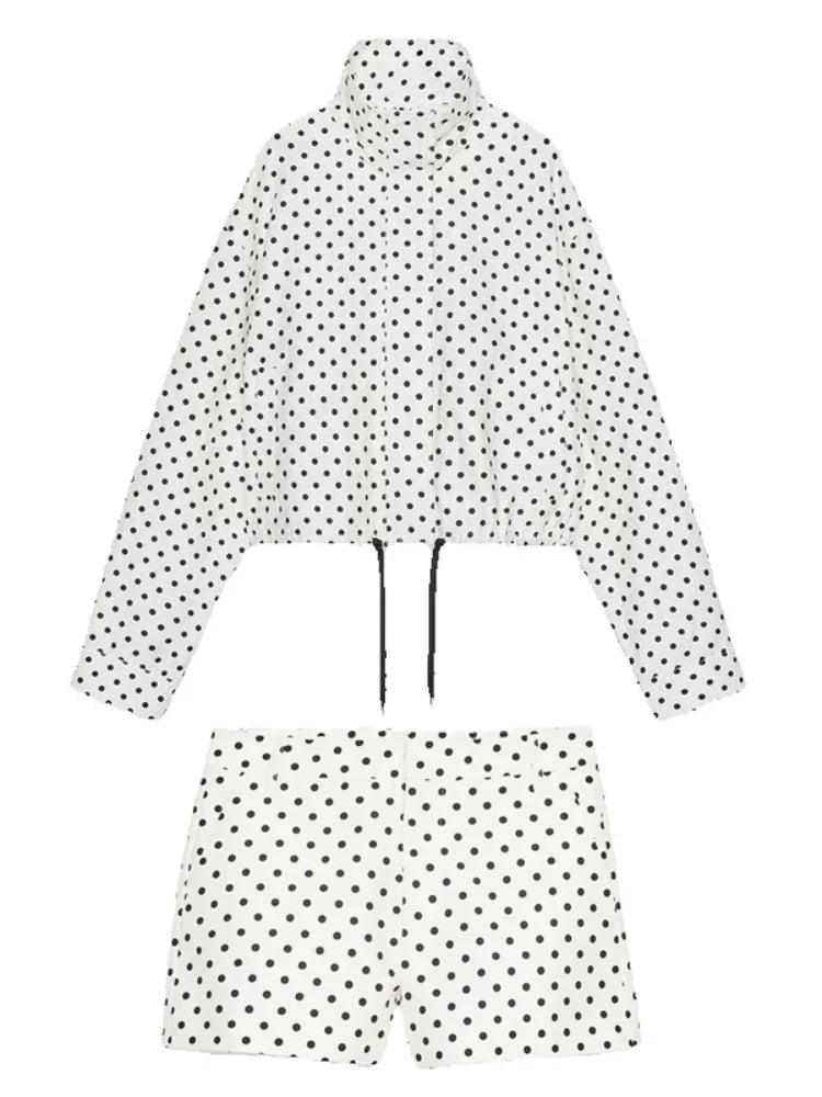 Stylowy Zestaw Damski w Kropki: Kurtka ze Stójką i Spodenki z Wysokim Stanem, Casual, Elegancki 5