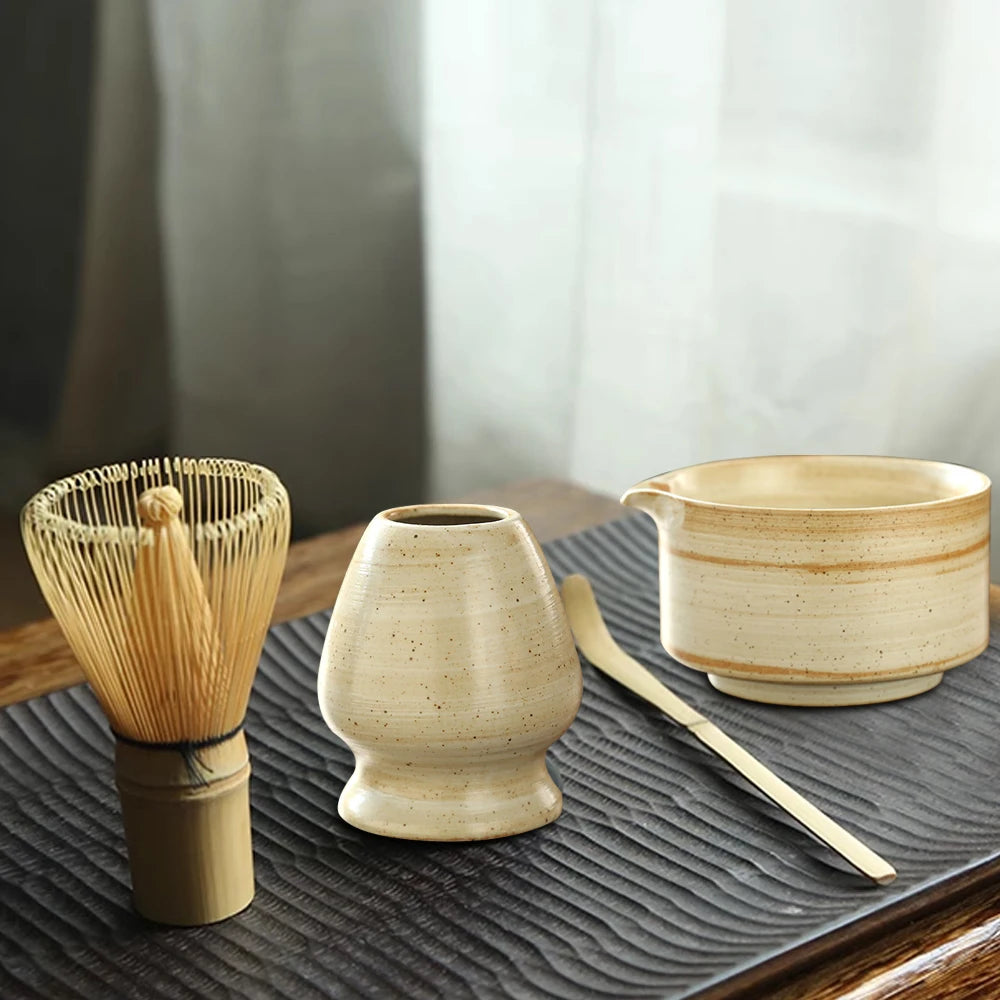 Chawen Matcha Set – 4-Delige Japanse Theeset van 100% Bamboe met Kom, Garde, Schep & Houder