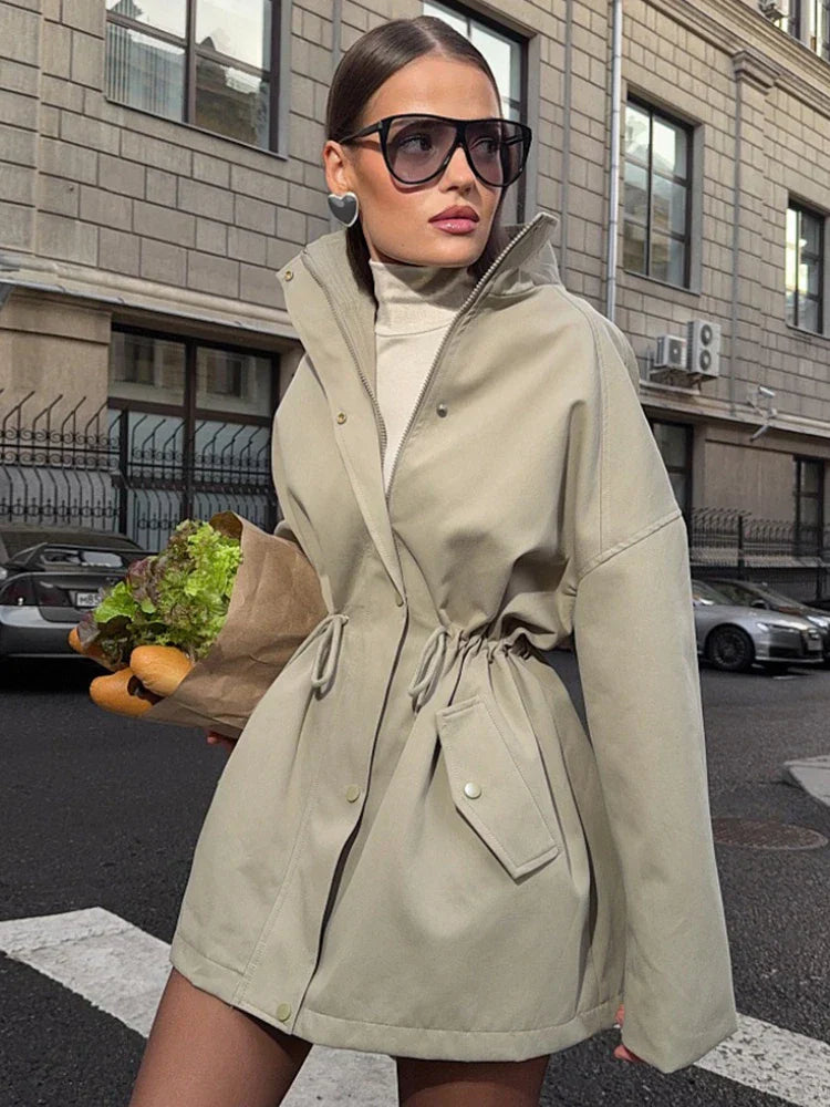 Tossy – damski trencz z kołnierzem, sznurowany, długi rękaw 0