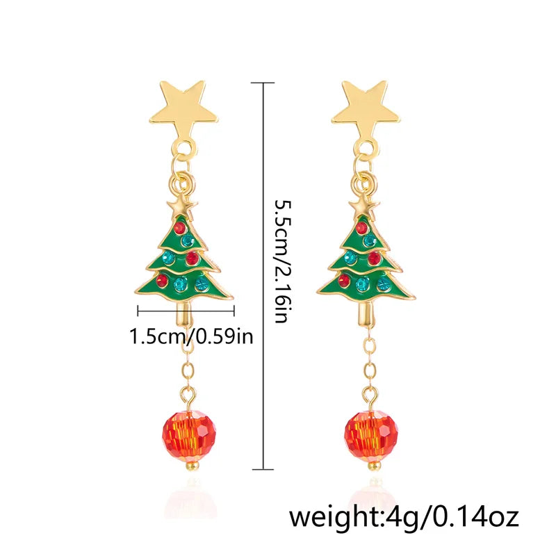 Pendientes de moda con árbol de Navidad de cristal y copo de nieve